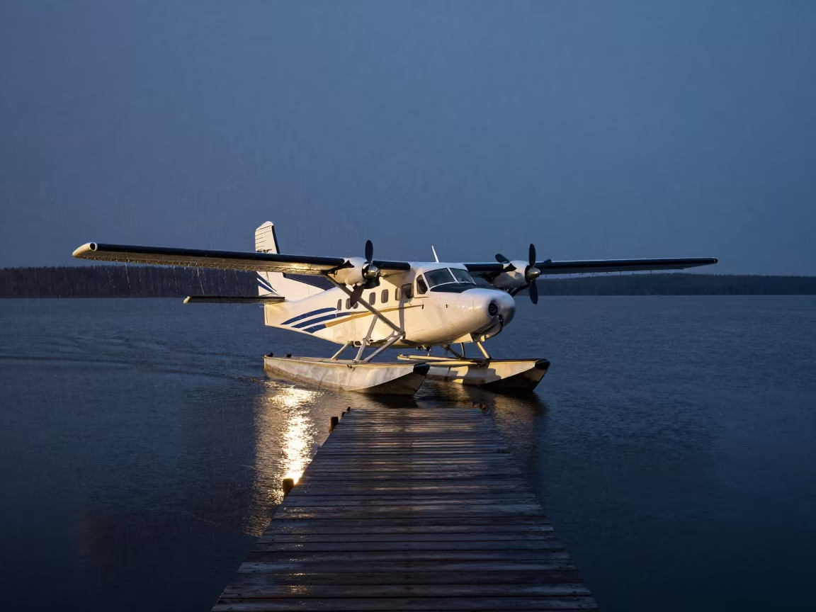 Seaplane Docking Winter Dawn Russian Far East in on a wind-open causeway in the Russian Far East
