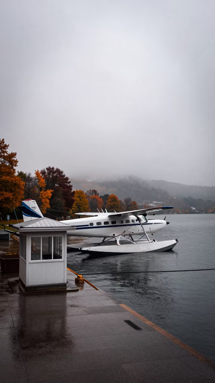 Seaplane and Kiosk in Misty Autumn Dawn Rain Trabzon in near Trabzon
