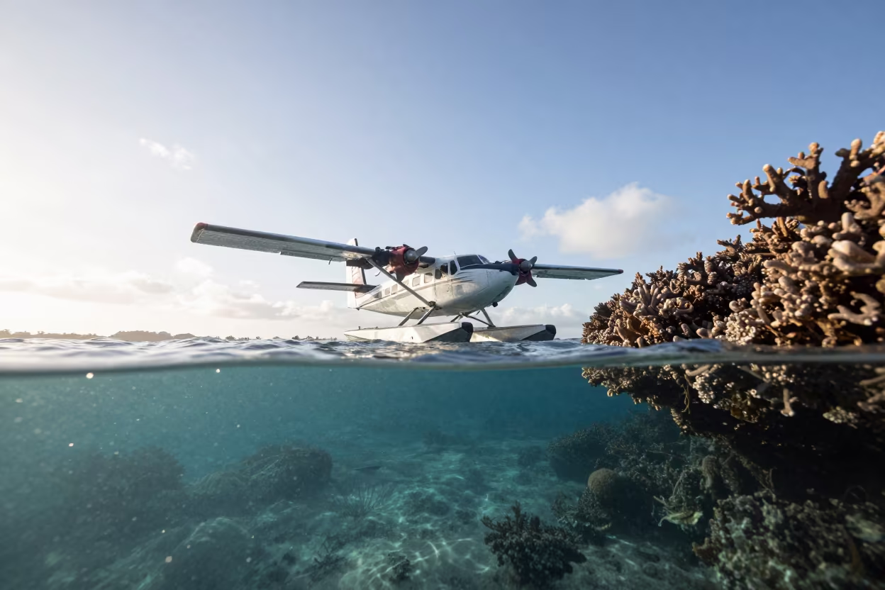 Seaplane Lagoon Landing Stone Town Reef in beside a reef crevice under clear water near Stone Town
