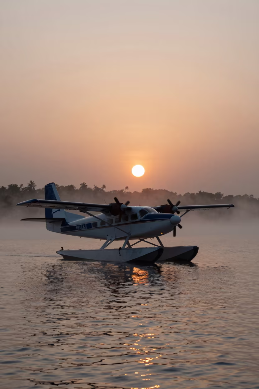 Seaplane Landing in Evening Mist Near Victoria Seychelles in near Victoria Seychelles