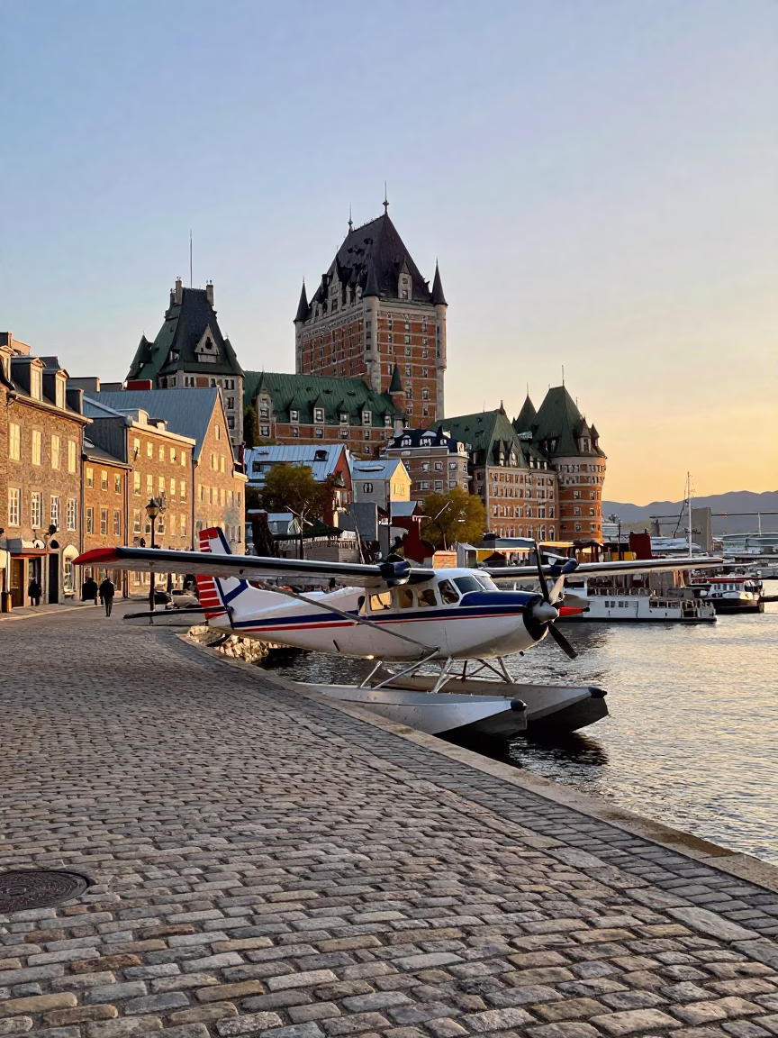 Seaplane Landing in Quebec City at First Light Of Dawn in in Quebec City, Quebec, Canada