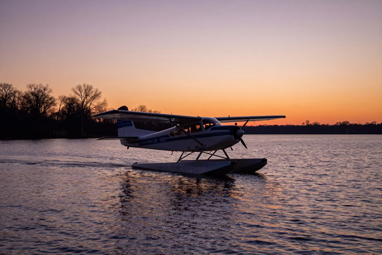 Seaplane Landing Lake Sunset Backlit Silhouette in near St Louis