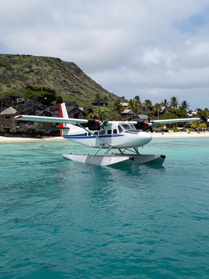 Seaplane Landing on Volcanic Reef Lagoon in beside a volcanic reef overhang near Stone Town