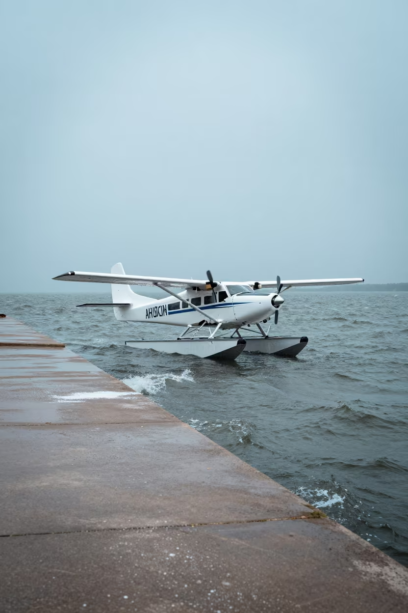 Seaplane Landing on Windy Lake Causeway in on a wind-open causeway near Ciudad del Carmen