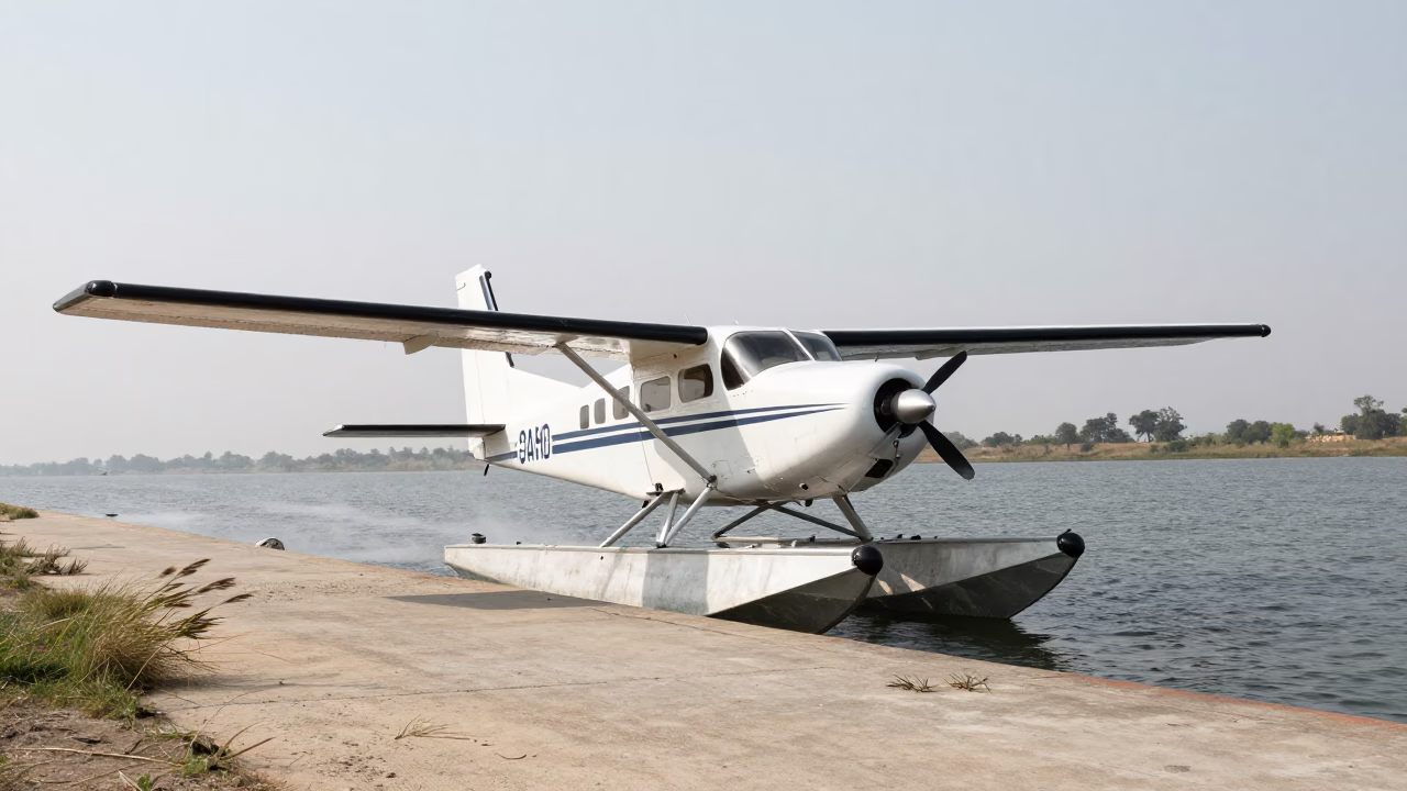 Seaplane Lands on Windy Rajasthan Causeway in on a wind-open causeway in Rajasthan
