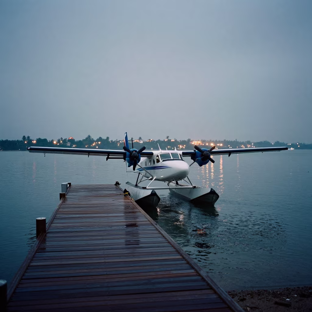 Seaplane at Mombasa Pier in Monsoon Haze in along a switchback approach near Mombasa