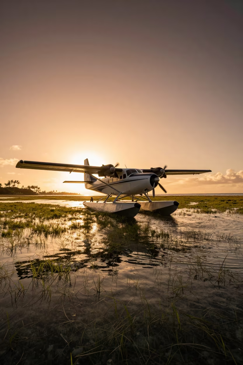 Seaplane Silhouette Over Hawaiian Seagrass Meadow in above a seagrass meadow in Hawaii