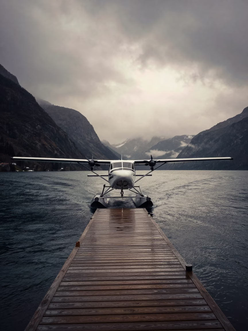 Seaplane Taxiing Toward Dock in Andean Mist in along a switchback approach in the Andes