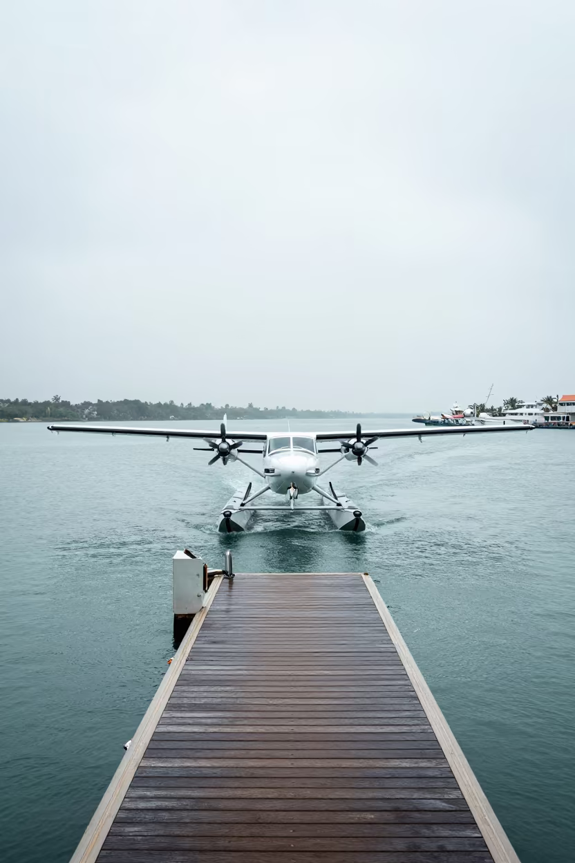 Seaplane Taxiing Toward Wooden Dock Alexandria in on a wind-open causeway near Alexandria