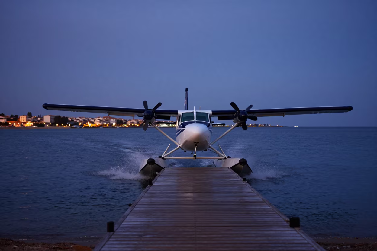 Seaplane Taxiing Toward Wooden Dock at Twilight in in Spain