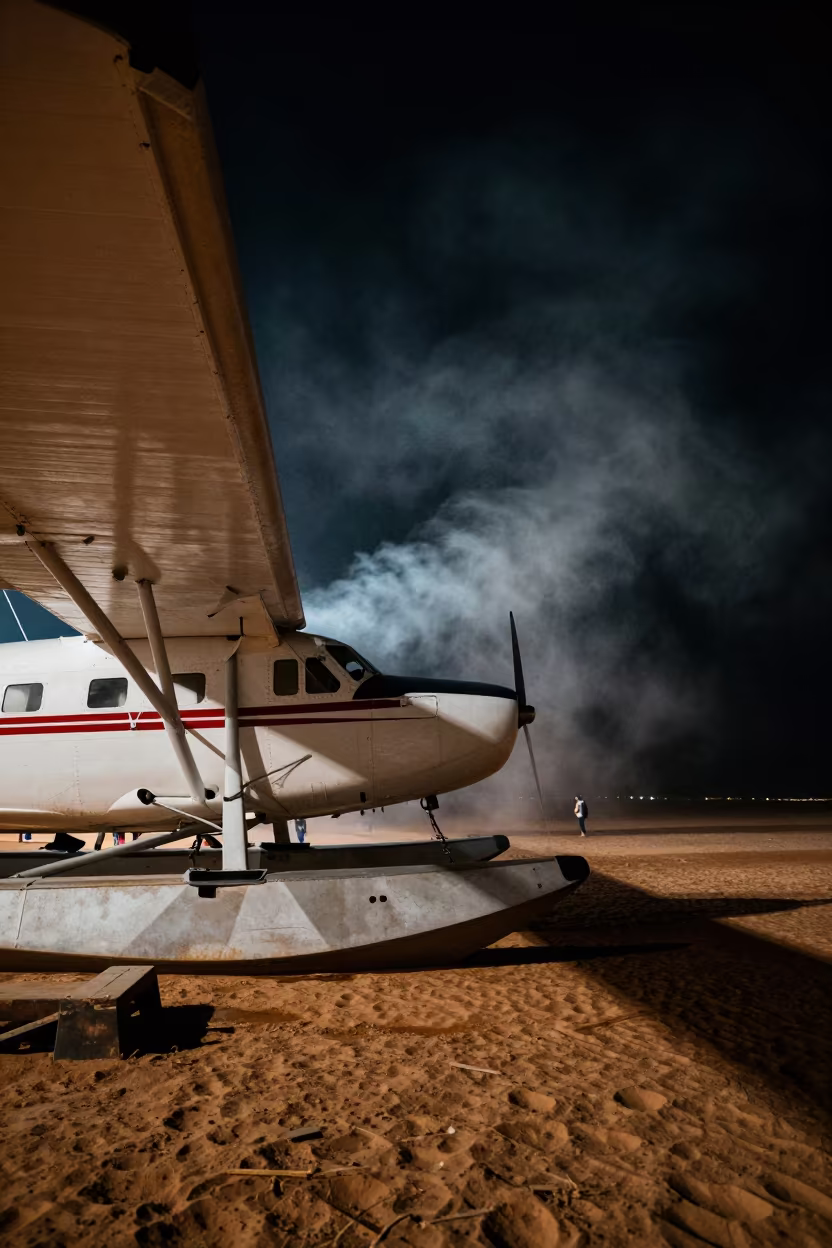 Seaplane Under Gobi Night Rim Light in along a switchback approach in the Gobi Desert