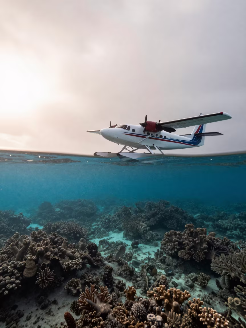 Seaplane Underwater View at Hawaiian Atoll Dawn in through clear reef water in Hawaii