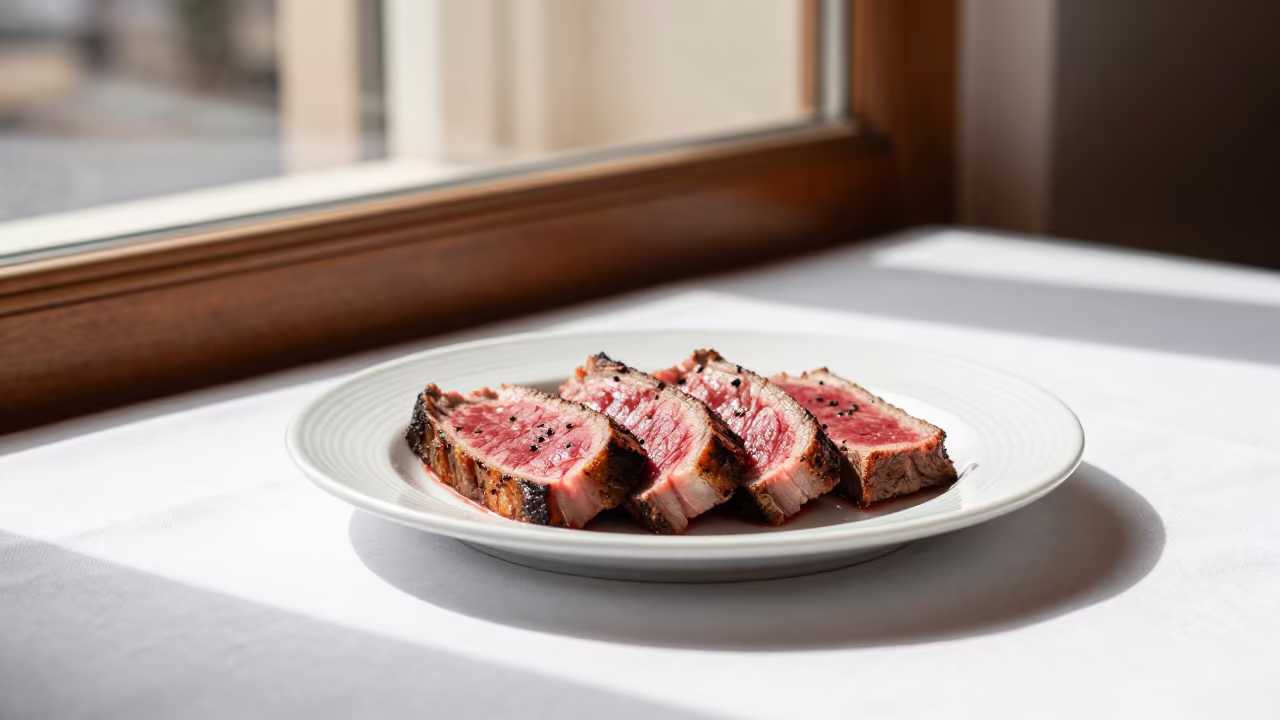 Seared Rare Wagyu Beef on Linen Table in on a linen-covered restaurant table in Çanakkale