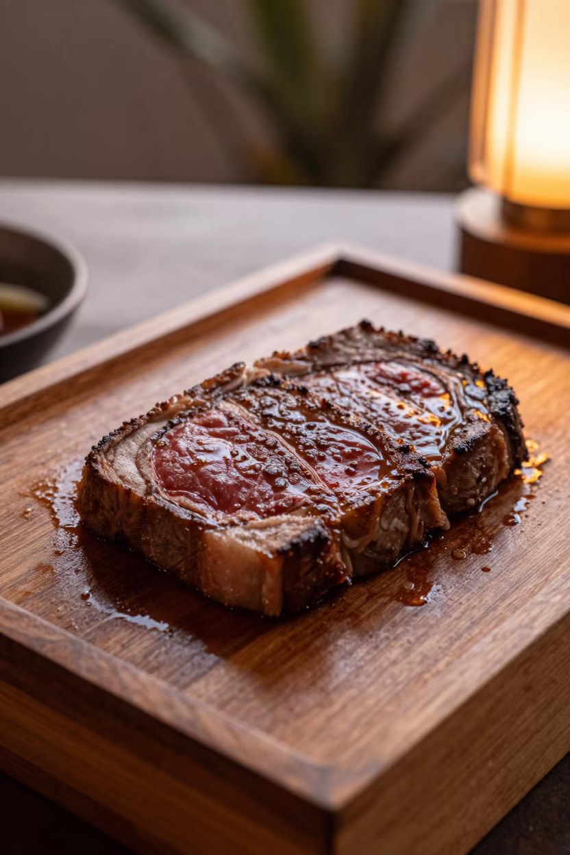 Seared Wagyu Beef on Tea House Tray Douala in on a tea house tray in Douala