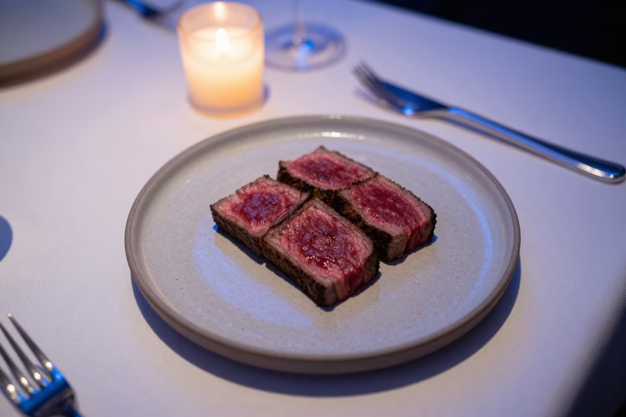 Seared Wagyu Rare on Linen Table Taoyuan in on a linen-covered restaurant table in Taoyuan County