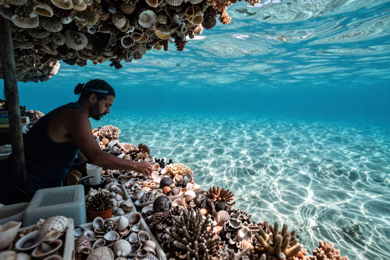 Seashell Coral Market Stall Underwater Reef in beneath a reef ledge in tropical shallows near Cebu
