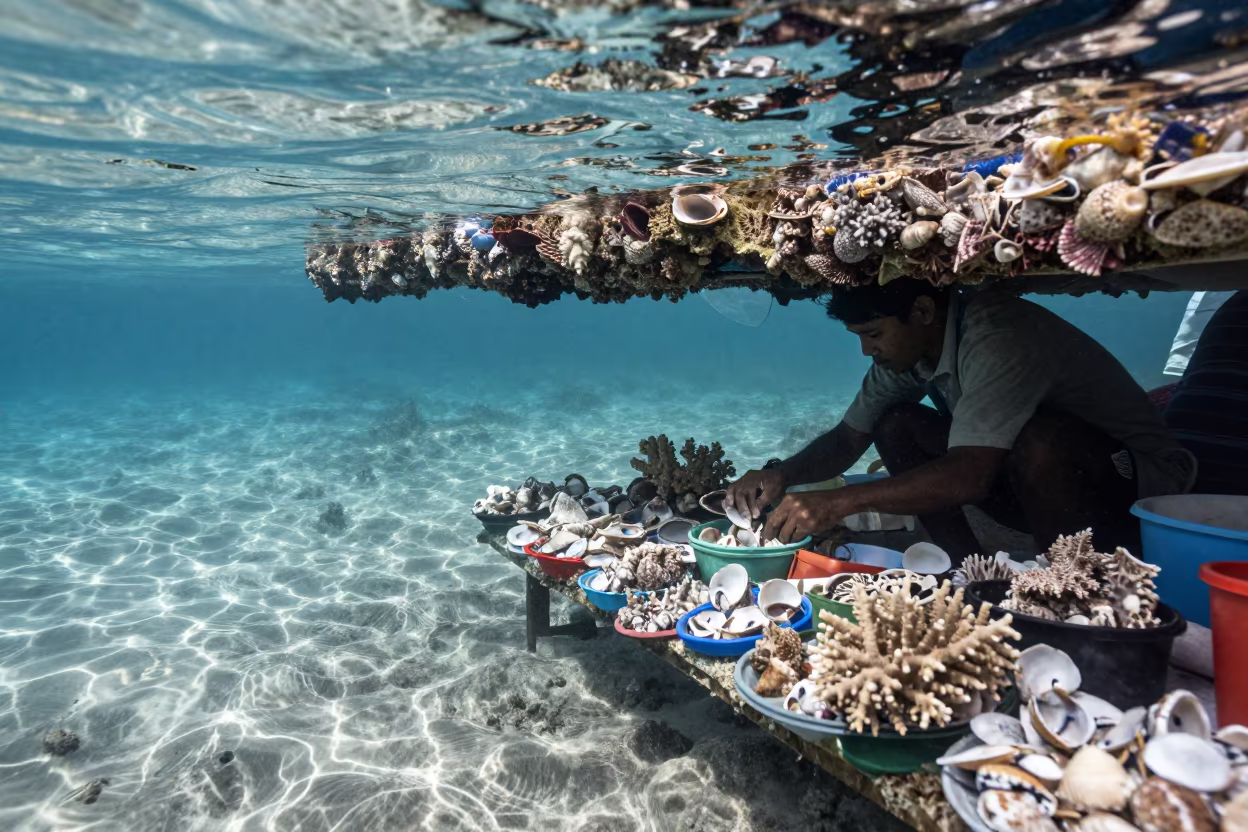 Seashells Coral Vendor Bali Dawn Market in beneath a reef ledge in tropical shallows near Denpasar
