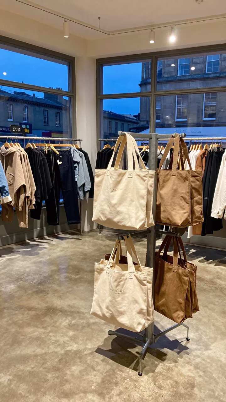 Seasonal Decor Tote Rack in Glasgow Shop Window in along a front-of-store display run in Glasgow