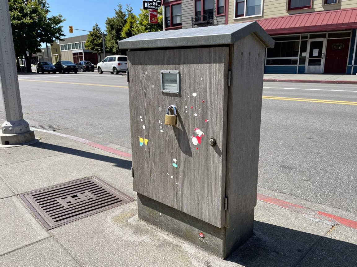 Seattle 1960s Street Scene with Padlock and Paint Flecks on Drain Under Noon Sun in in Seattle, Washington, United States