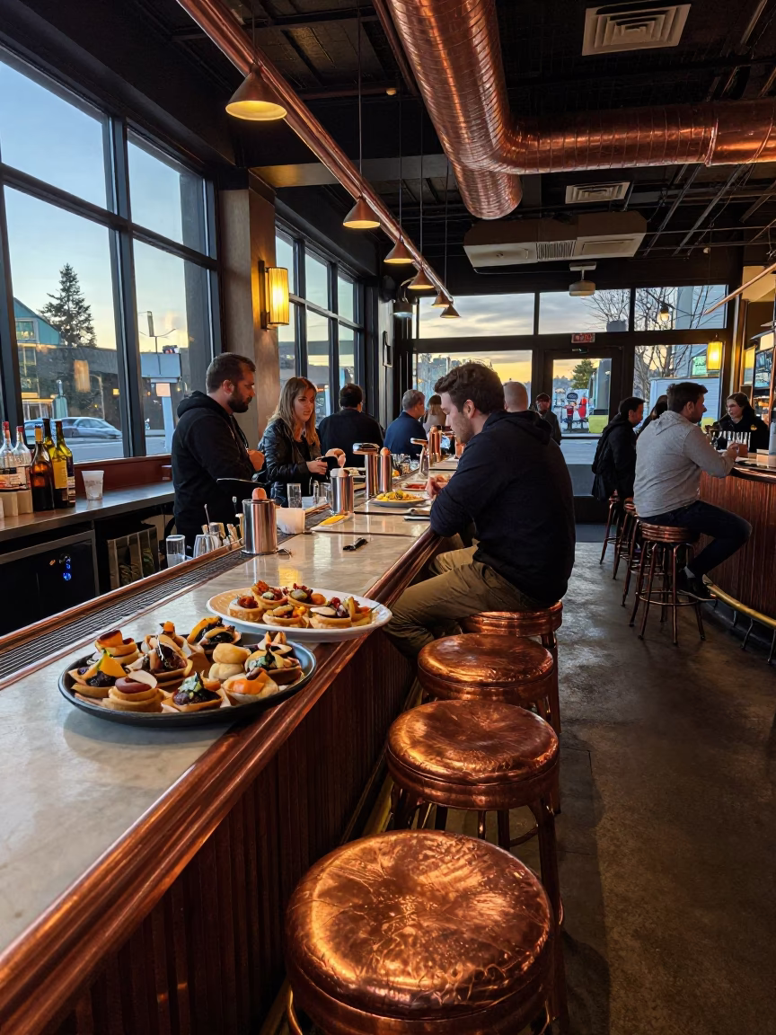 Seattle Bar Interior with Pintxos and Stools in Copper Dusk Light in in Seattle, Washington, United States