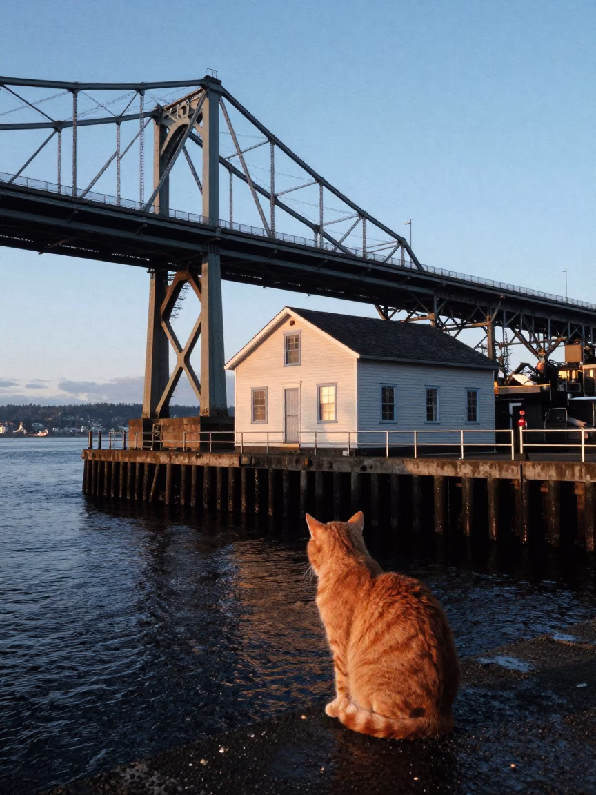 Seattle Blue Hour Drawbridge Counterweight House and Orange Cat on Tidal Channel in in Seattle, Washington, United States