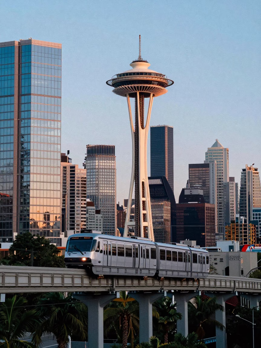 Seattle Blue Hour Monorail Passes Glass Towers and Palm Trees in in Seattle, Washington, United States