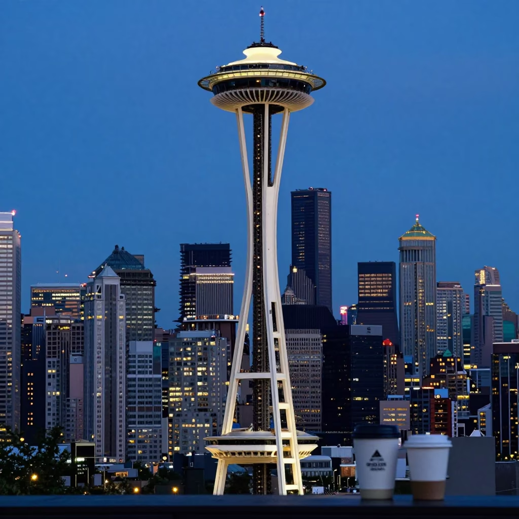 Seattle Blue Hour Skyline View from Space Needle with Coffee and Chair in in Seattle, Washington, United States
