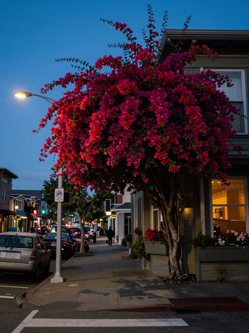Seattle Blue Hour Street Scene With Bougainvillea And Urban Details in in Seattle, Washington, United States