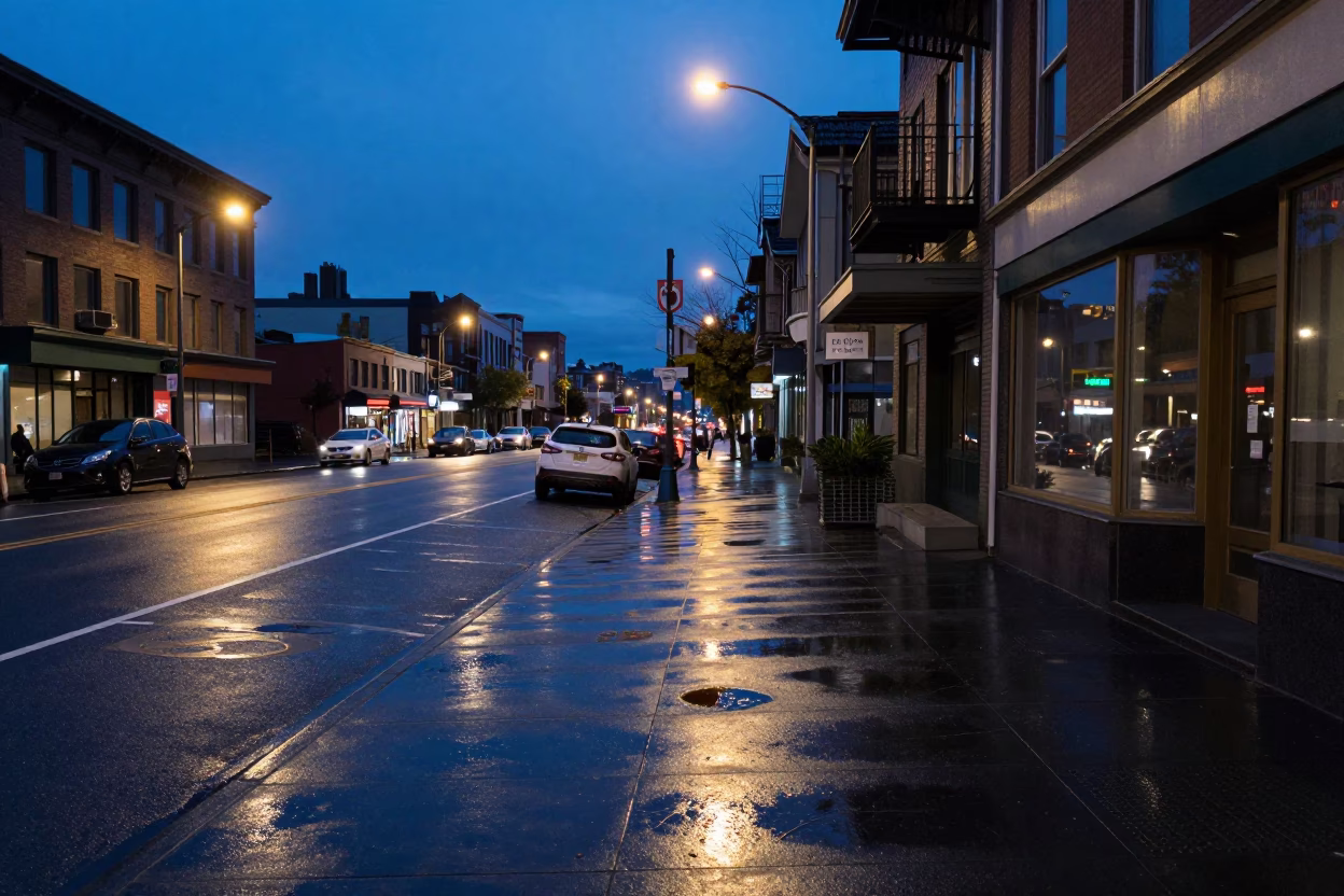 Seattle Blue Hour Street Scene with Coffee Stains and Urban Reflections in in Seattle, Washington, United States