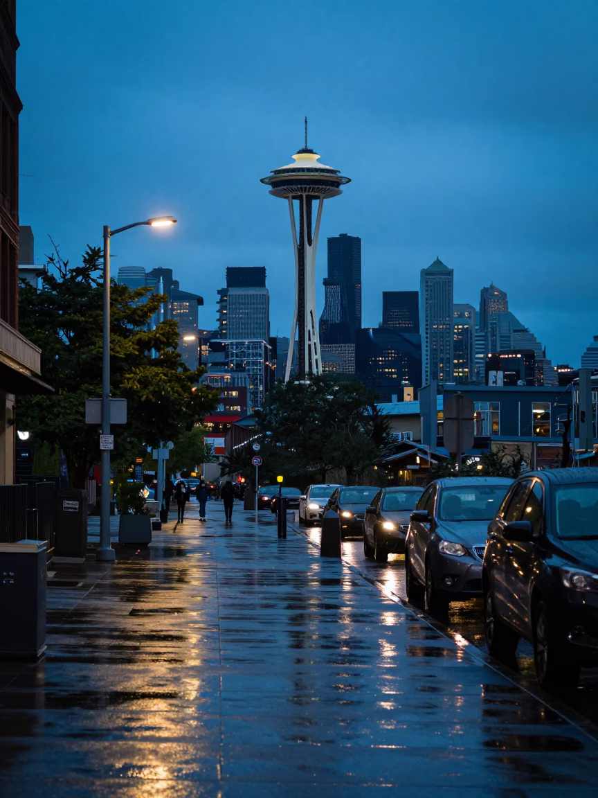 Seattle Blue Hour Street Scene with Distant Space Needle in in Seattle, Washington, United States