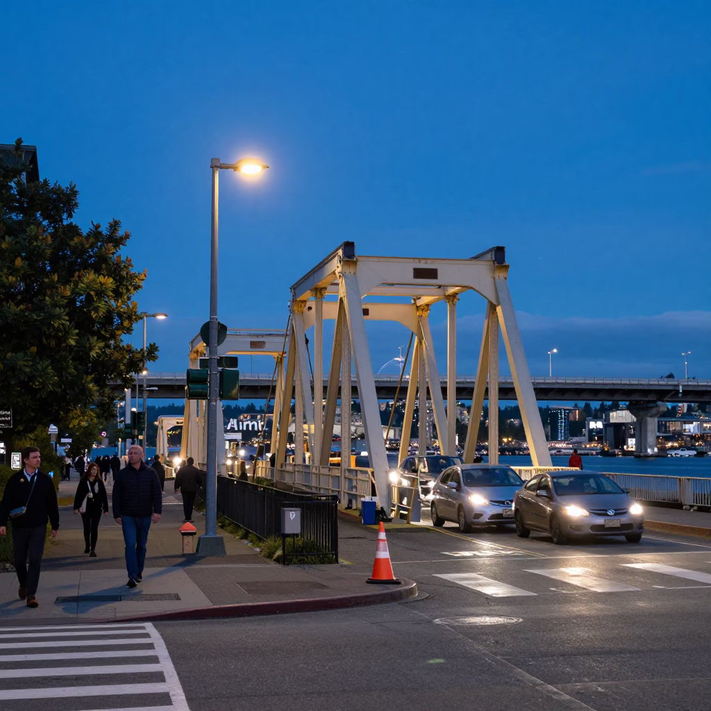 Seattle Blue Hour Street Scene with Drawbridge and Urban Activity in in Seattle, Washington, United States
