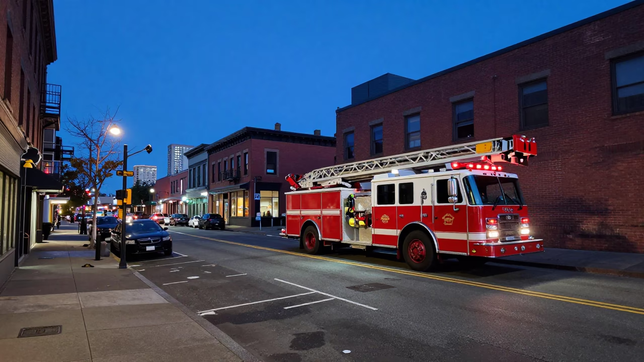 Seattle Blue Hour Street Scene with Fire Engine and Urban Details in in Seattle, Washington, United States