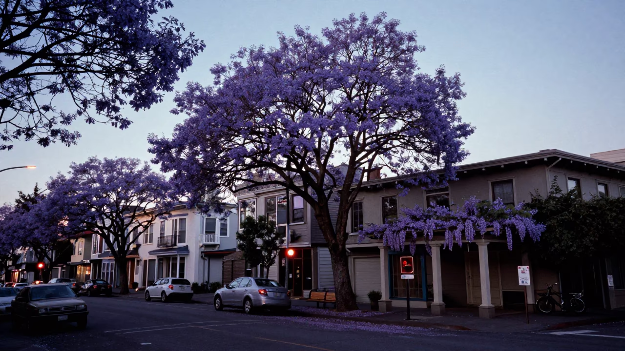 Seattle Blue Hour Street Scene with Jacaranda Tree and Wisteria Pergola in in Seattle, Washington, United States