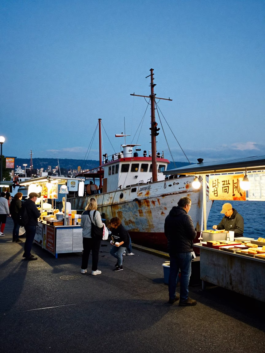 Seattle Blue Hour Street Scene with Junk Boat and Food Vendors in in Seattle, Washington, United States