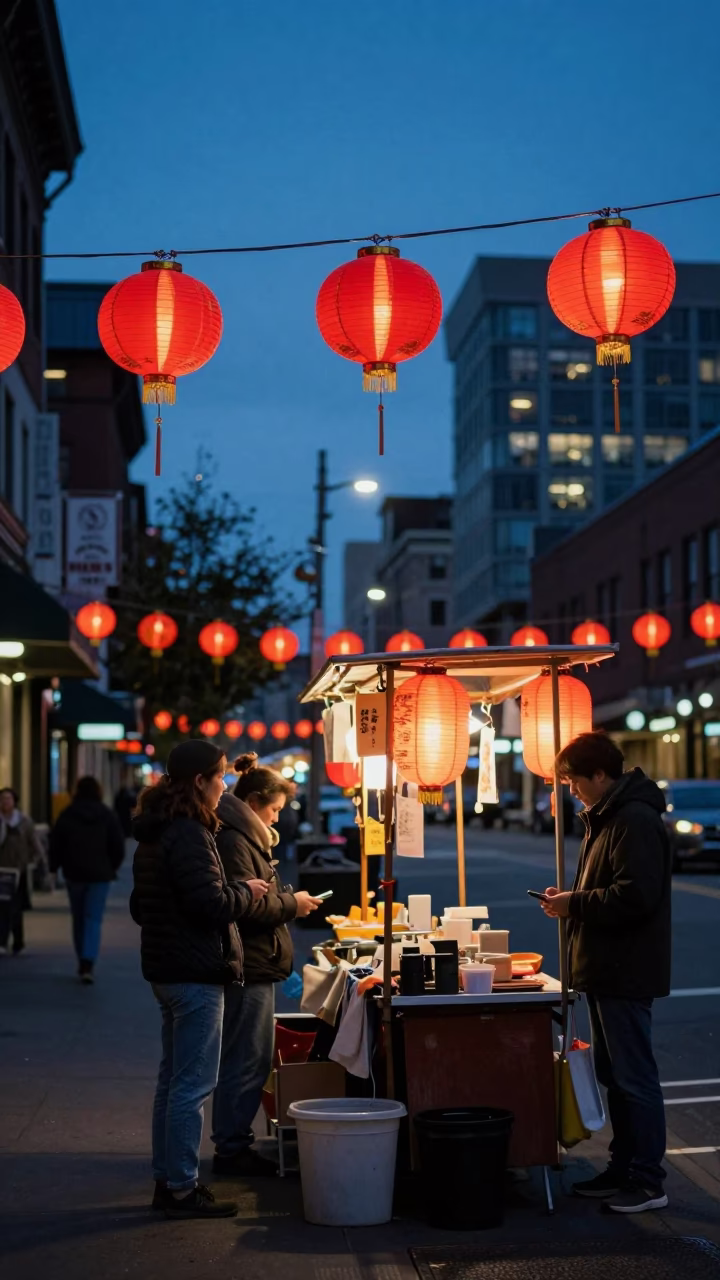 Seattle Blue Hour Street Scene with Paper Lanterns and Urban Details in in Seattle, Washington, United States