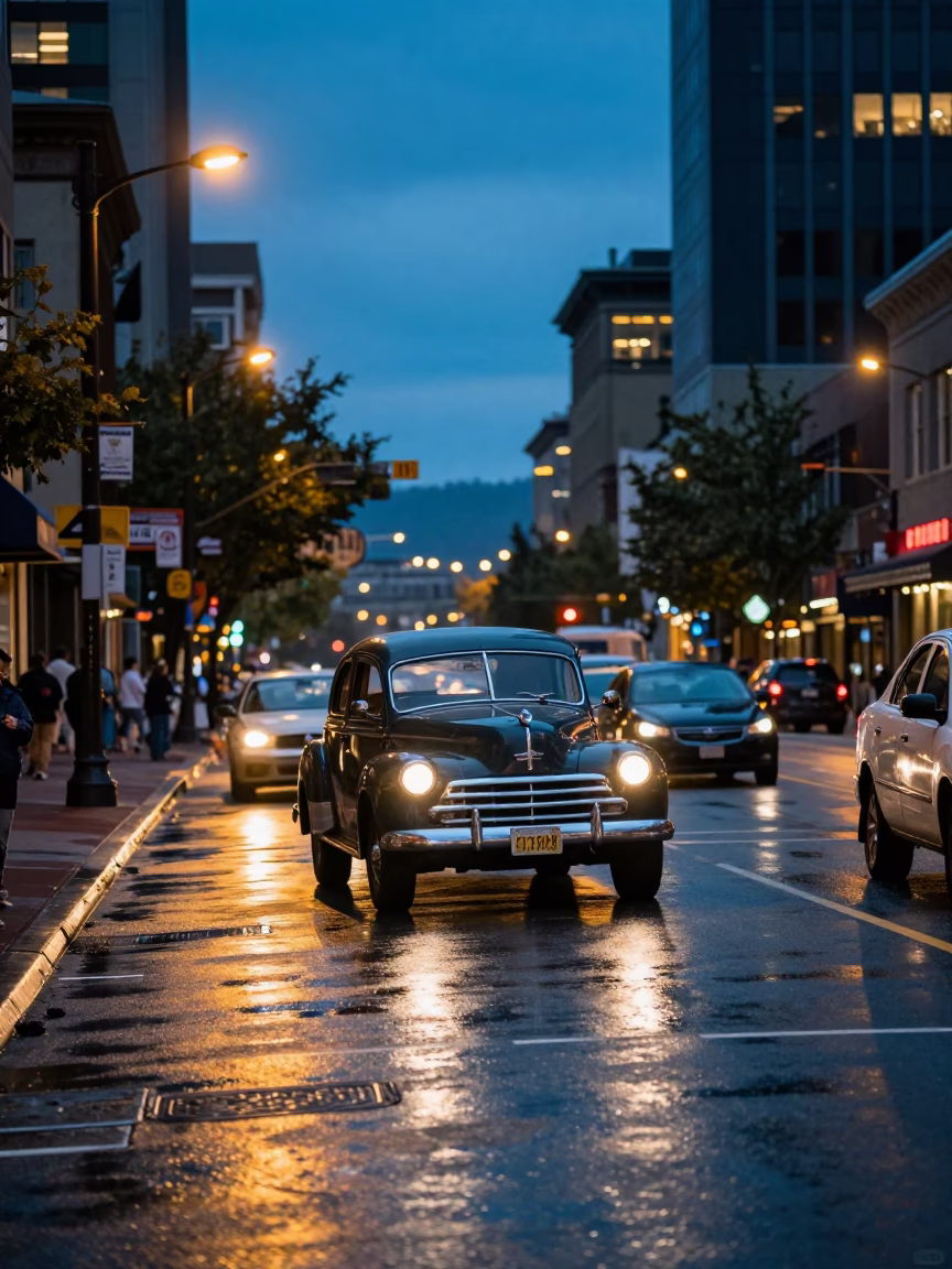 Seattle Blue Hour Street Scene with Vintage Car Rally and Urban Architecture in in Seattle, Washington, United States