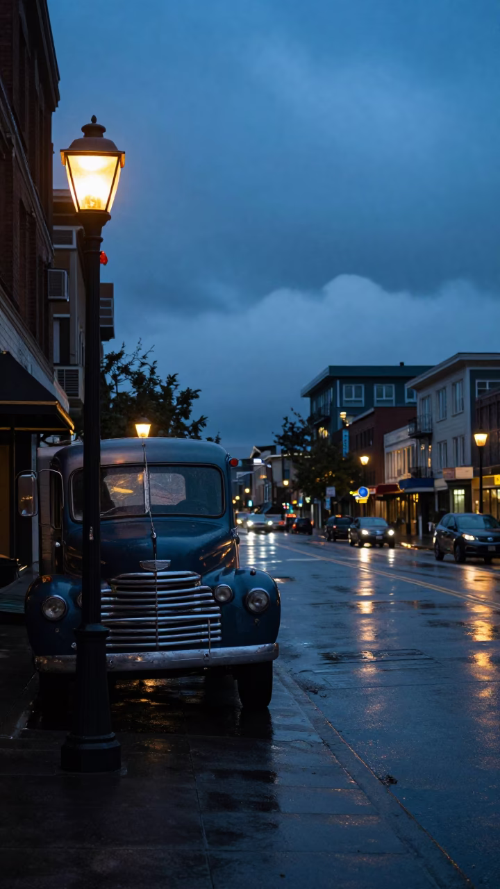 Seattle Blue Hour Street Scene with Vintage Truck and Lantern in Fog in in Seattle, Washington, United States