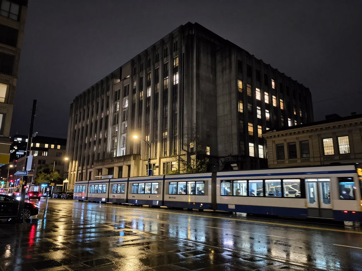 Seattle Building Exterior at Late At Night Light in in Seattle, Washington, United States