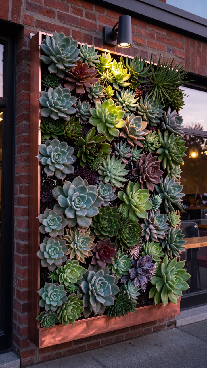 Seattle Cafe Exterior Living Wall Succulents Copper Light Before Dusk in in Seattle, Washington, United States
