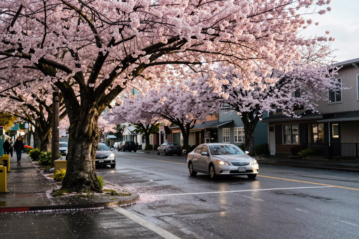 Seattle Cherry Blossom Bloom Late Morning Street Scene with Rain in in Seattle, Washington, United States
