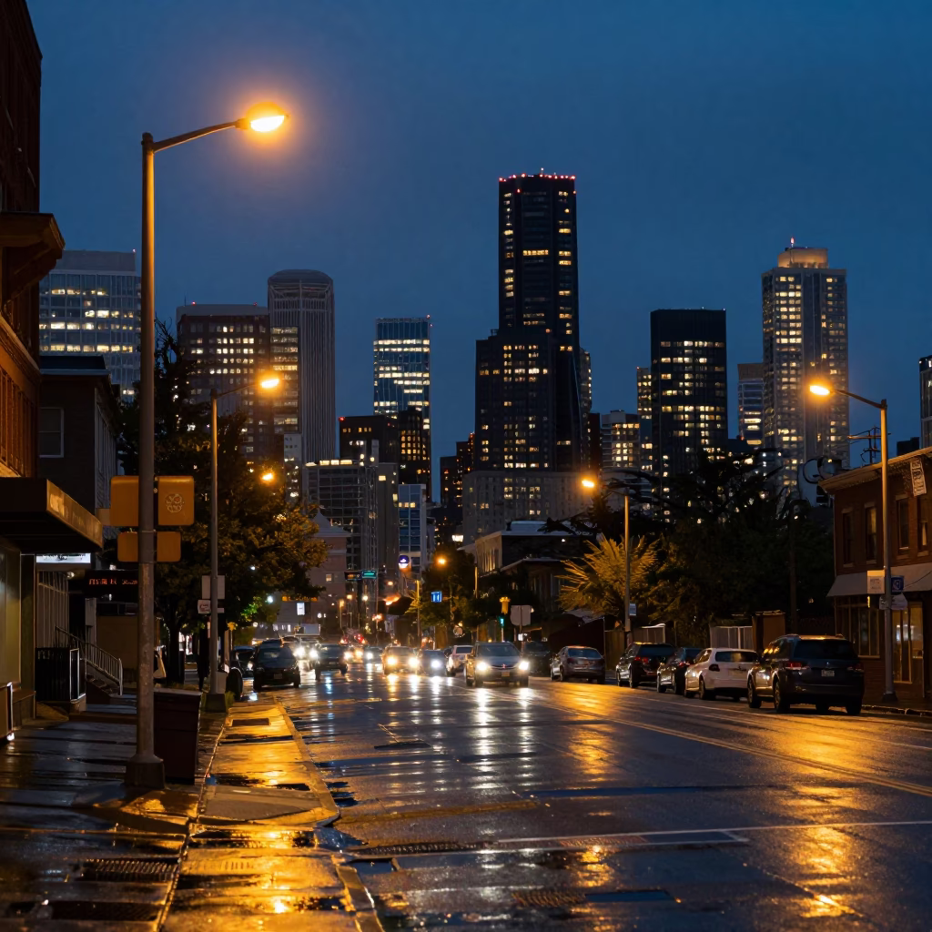 Seattle City Lights Glow Over Busy Downtown Street Scene at Dusk in in Seattle, Washington, United States