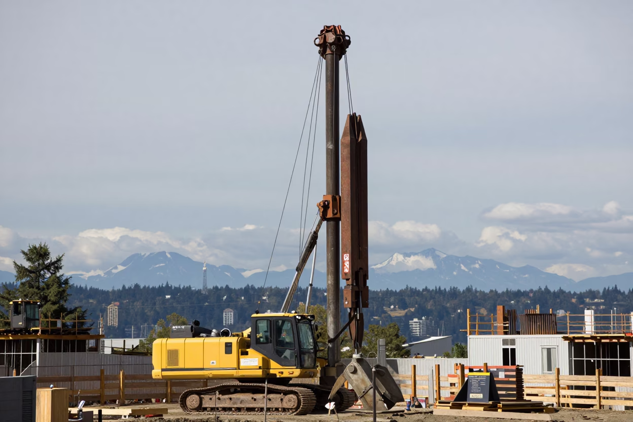 Seattle Construction Site Pile Driver Midday Urban Development Scene in in Seattle, Washington, United States