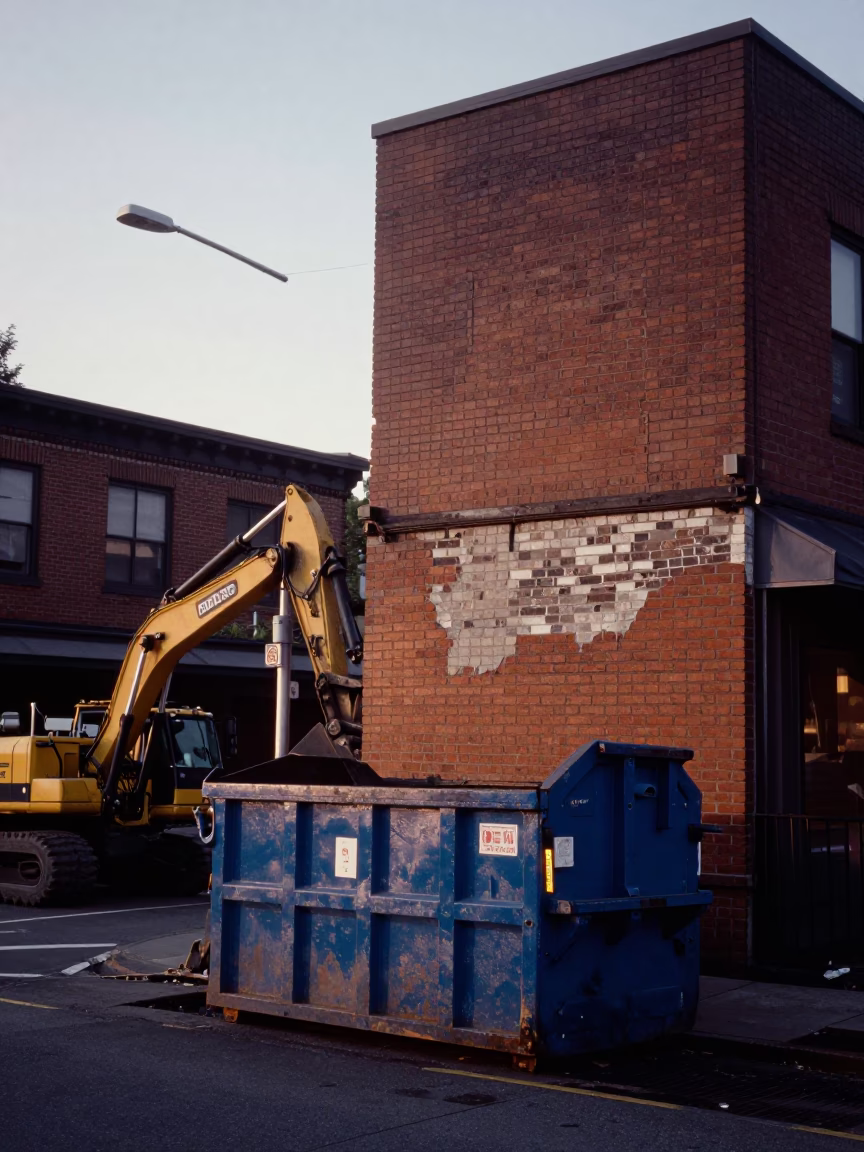 Seattle Dawn Street Scene with Demolition Dumpster and Caster Wheel in in Seattle, Washington, United States