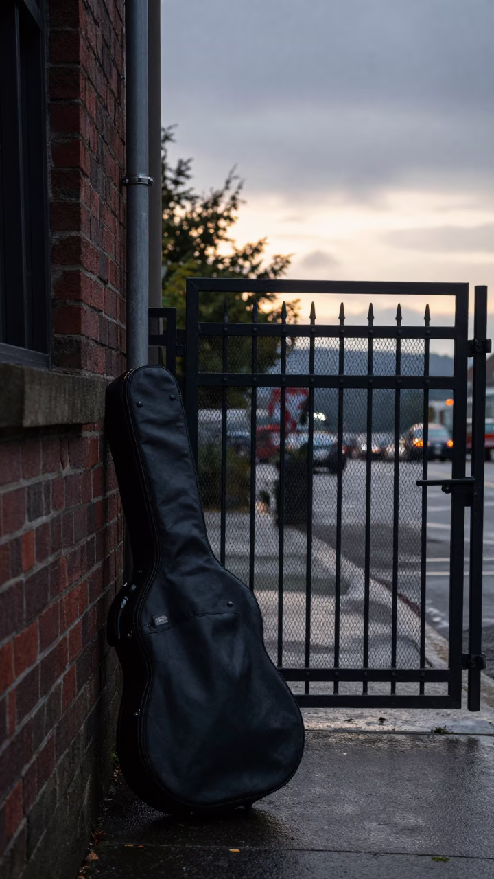 Seattle Dawn Street Scene with Guitar Case and Gate Handle in Rain in in Seattle, Washington, United States