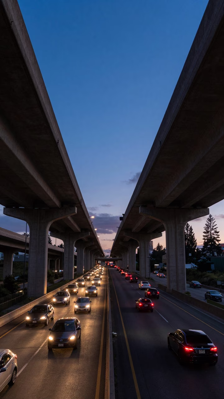 Seattle Dawn Traffic at Interstate 5 Overpass Interchange with Taillight Streaks in in Seattle, Washington, United States