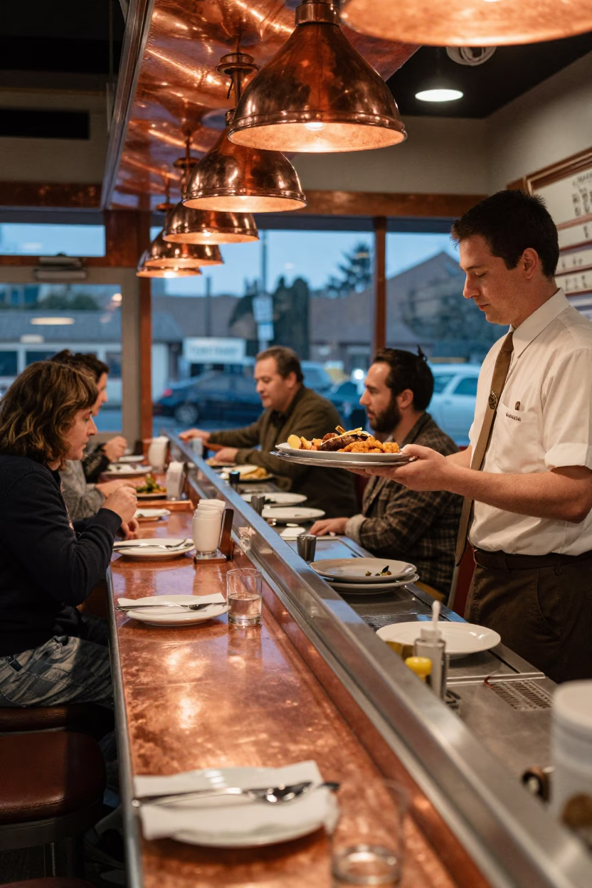 Seattle Diner Counter with Kebab and Schnitzel in Copper Dusk Light in in Seattle, Washington, United States