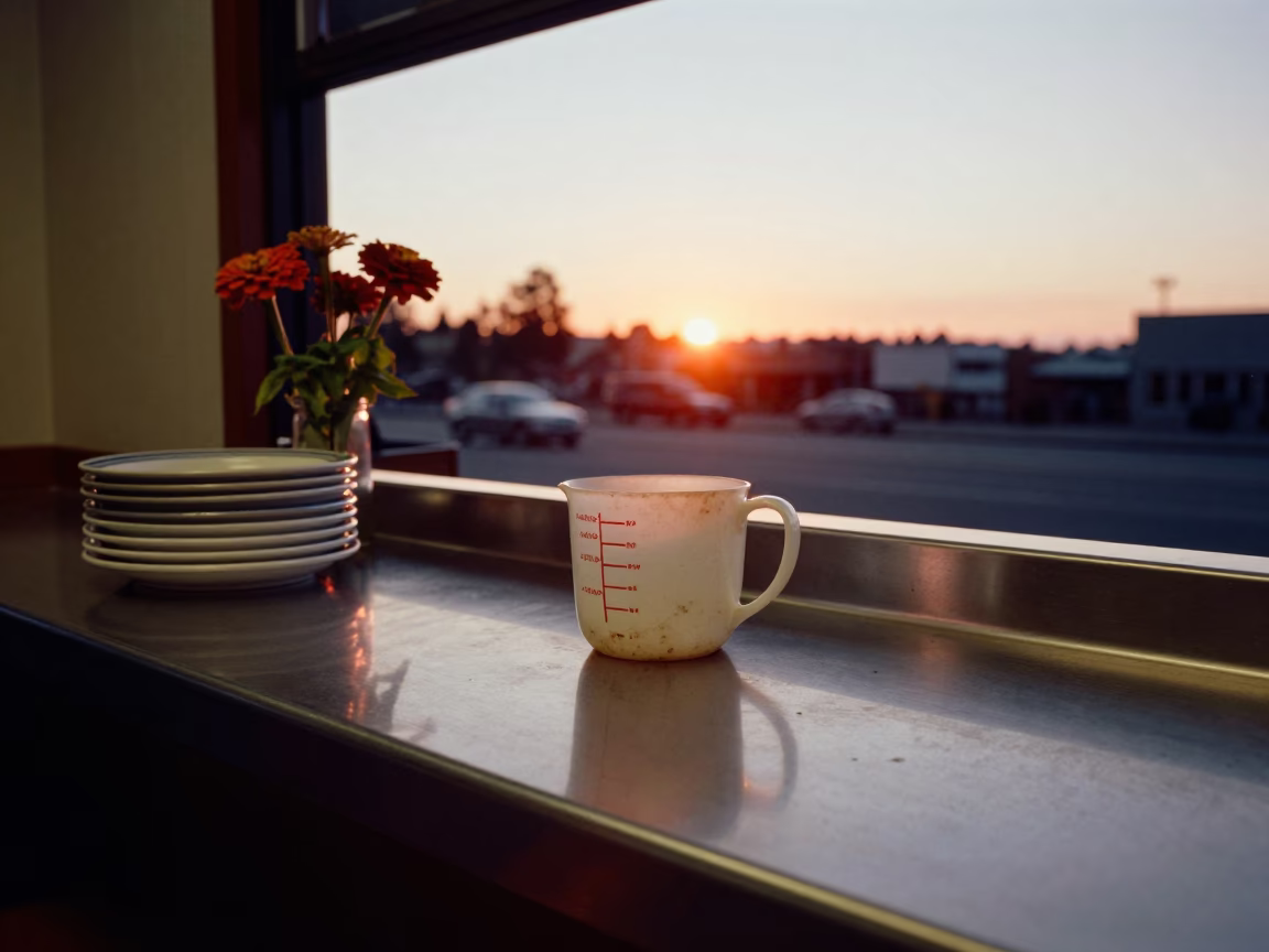 Seattle Diner Counter with Measuring Cup and Zinnias at Sunset in in Seattle, Washington, United States