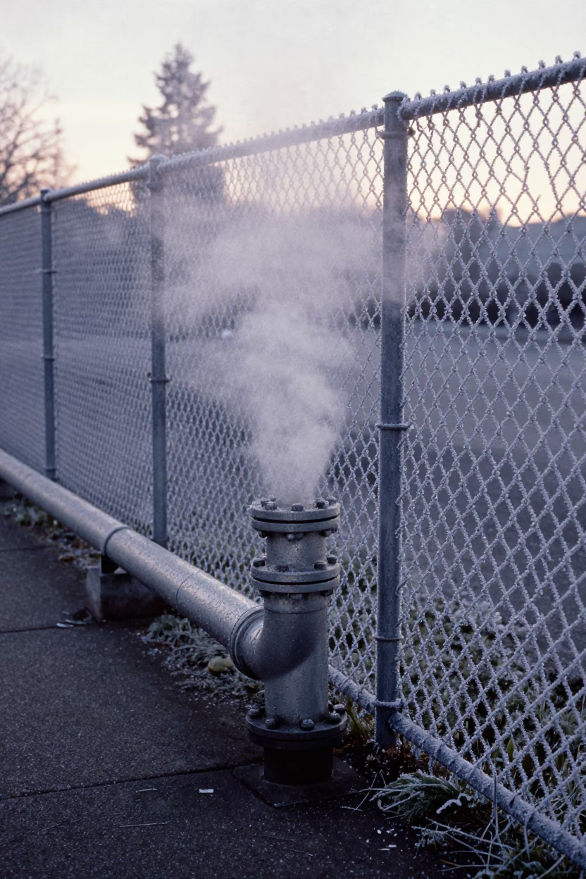 Seattle District Heating Pipe Steaming Behind Frost Fencing Before Sunrise in in Seattle, Washington, United States