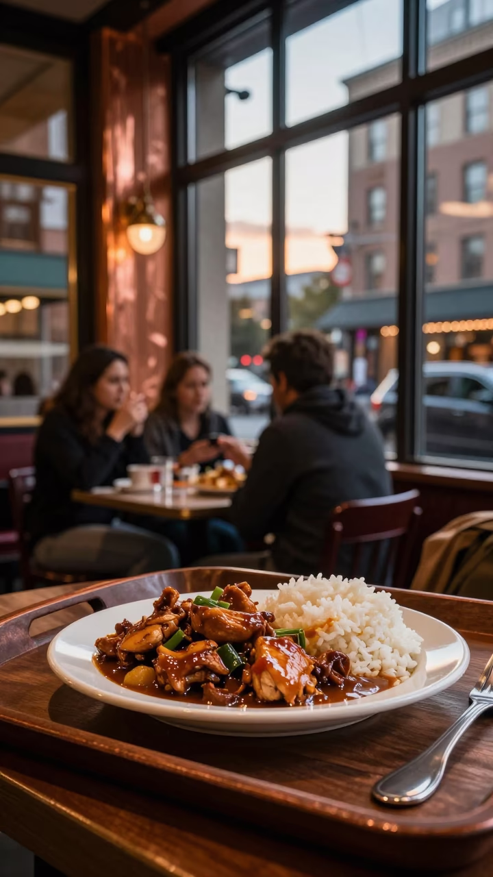 Seattle Downtown Dining Scene with Chicken Adobo and Rice in Copper Evening Light in in Seattle, Washington, United States