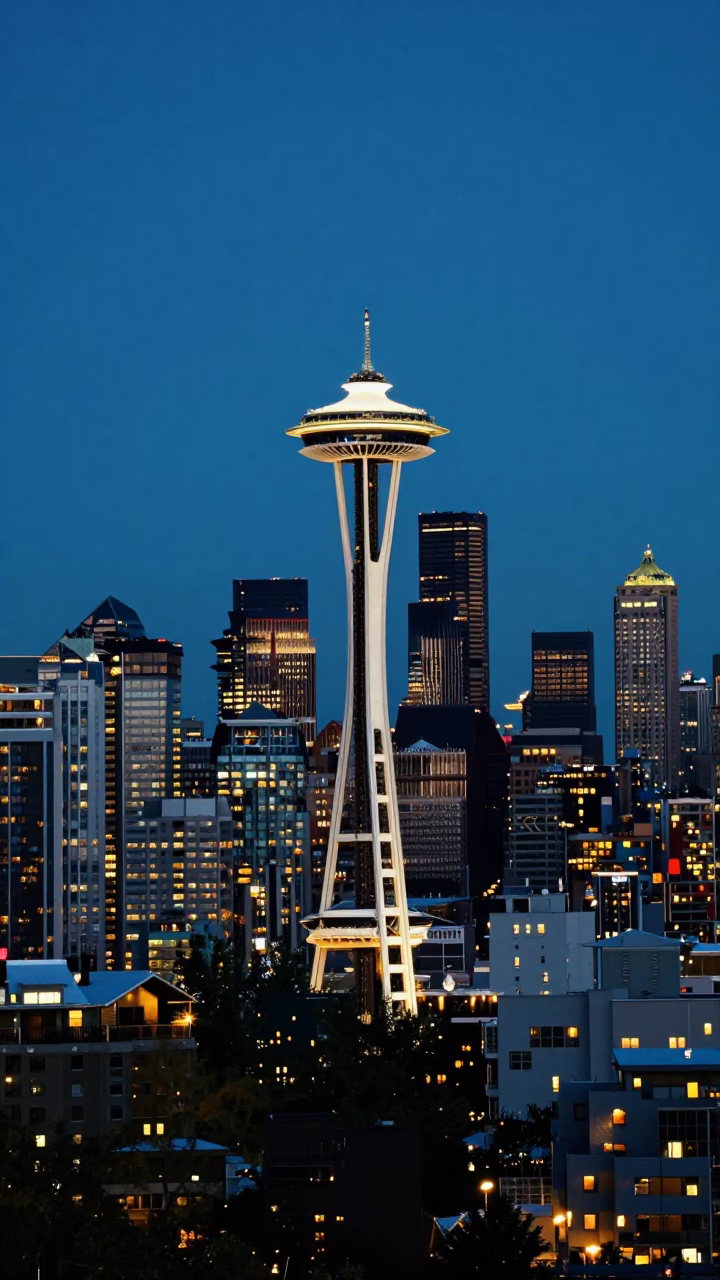 Seattle Downtown Skyline at As City Lights Begin To Glow in in Seattle, Washington, United States